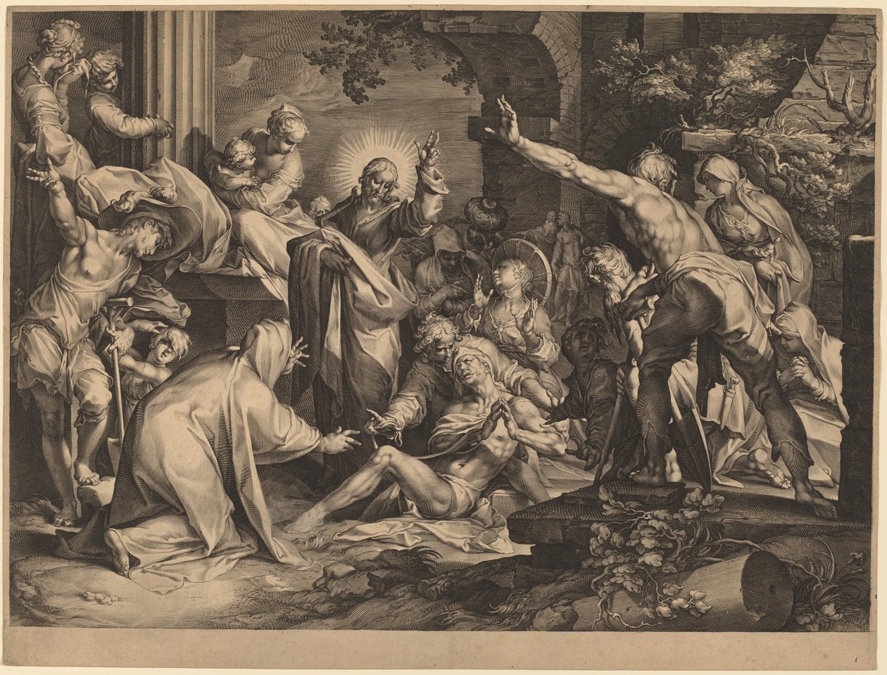 De opwekking van Lazarus door Jan Muller after Abraham Bloemaert