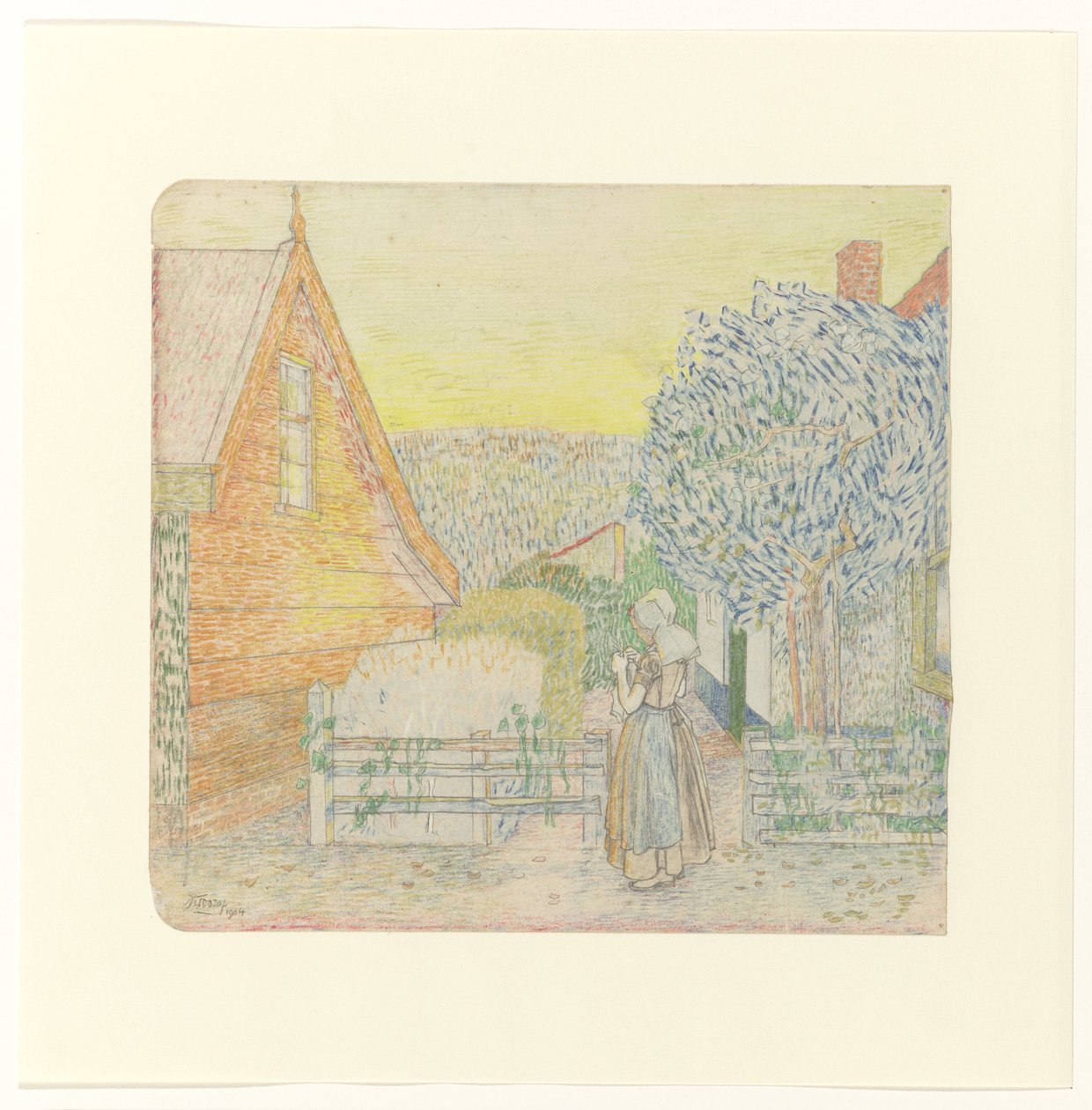 Zeeuws meisje, breiend op een binnenplaatsje door Jan Toorop