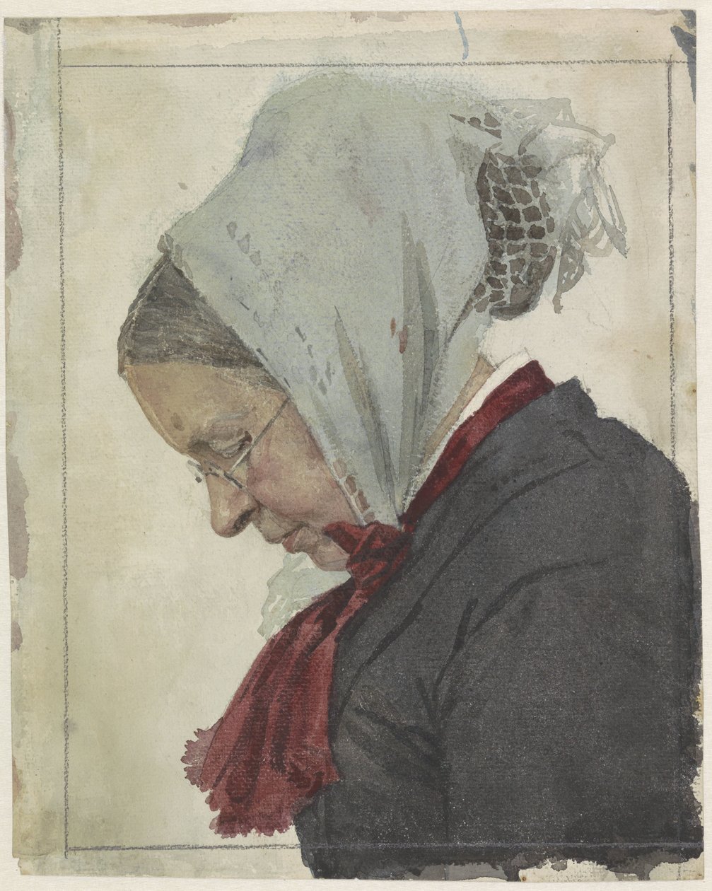 Oude vrouw met hoofddoek en rode sjaal door Jan Veth
