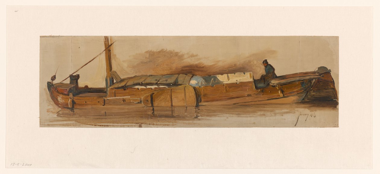 Lange schuit met schipper door Jan Weissenbruch