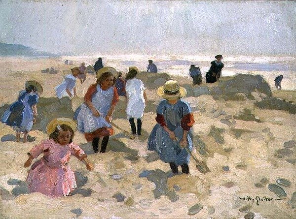 Kinderen spelen op het strand door Jan Willem Sluiter