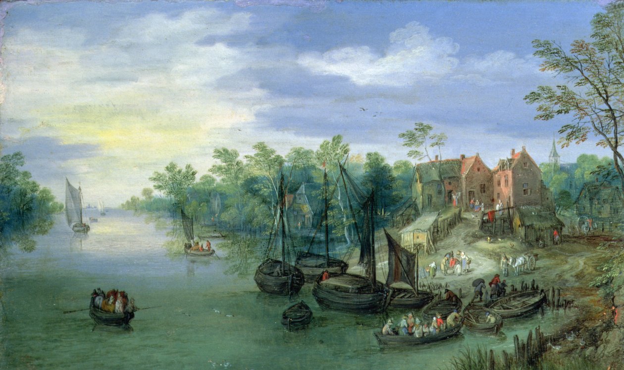 Rivierschepen nabij een Steiger door Jan the Elder Brueghel