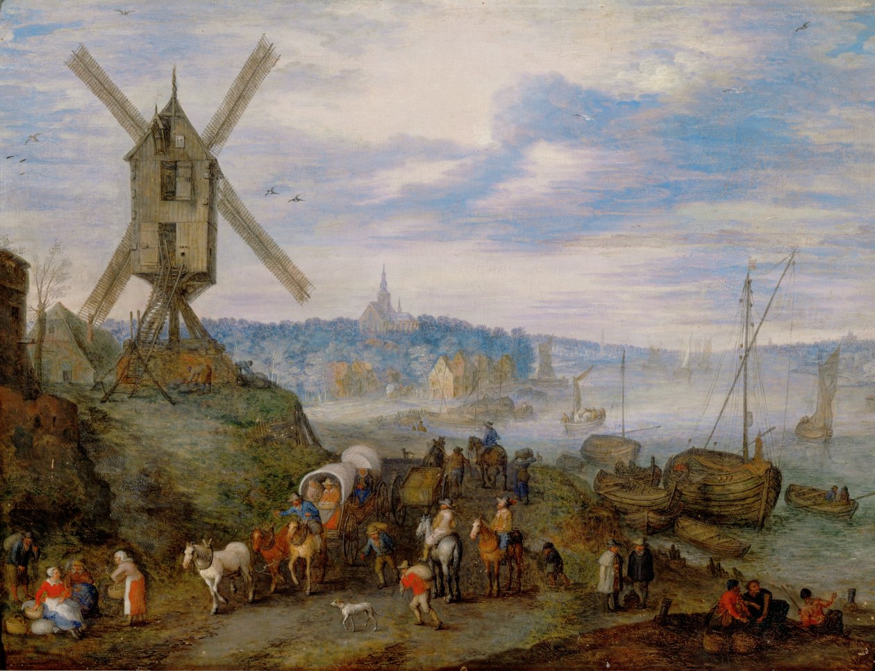Zeehaven met windmolen ... door Jan the Elder Brueghel