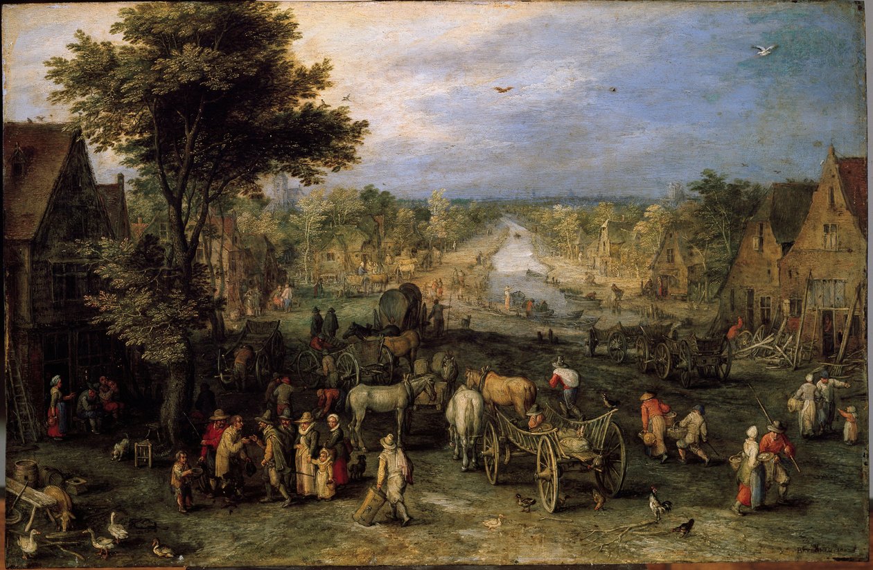 Dorp met karren door Jan the Elder Brueghel