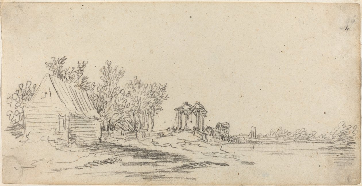 Rivierlandschap met een verre brug door Jan van Goyen