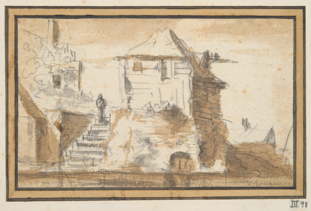 Twee gebouwen met een trap door Jan van Goyen