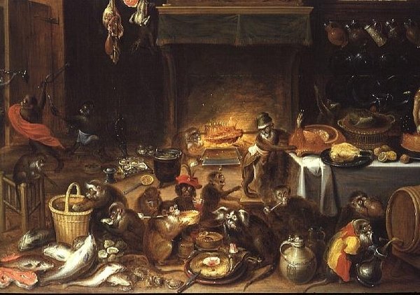 Feestende apen door Jan van Kessel the Elder