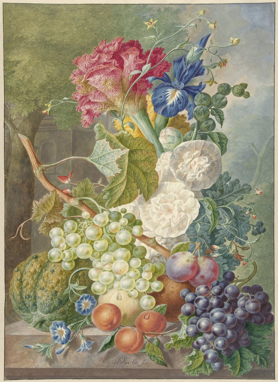 Stilleven met bloemen en fruit door Jan van Os