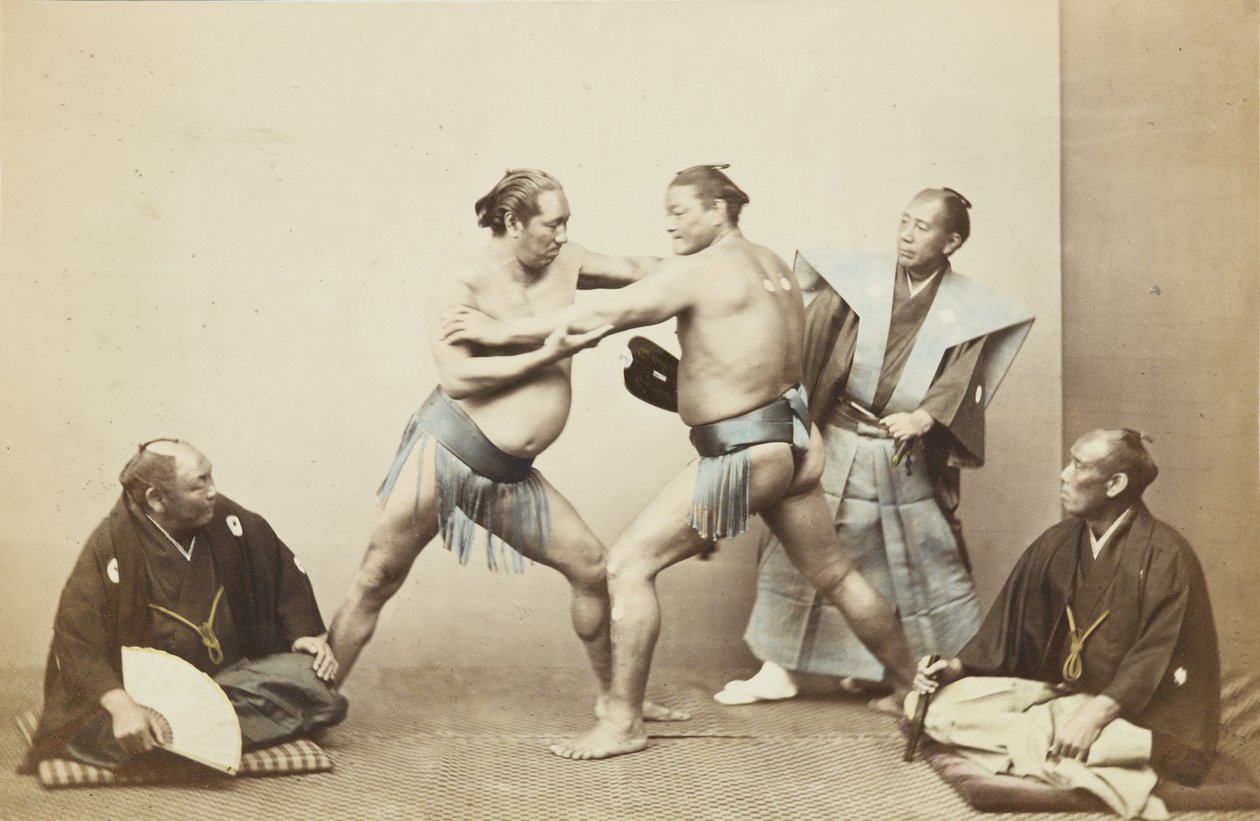 Sumoworstelaars (handgekleurde zwart-wit foto) door Japanese Photographer