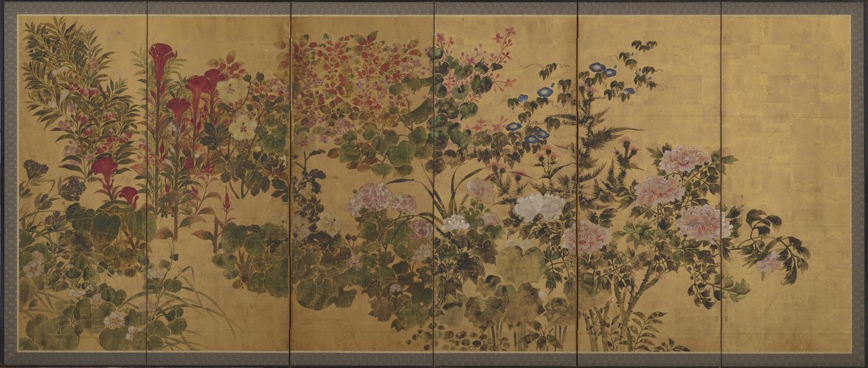 Bloemen en een beek, Schermen door Japanese School
