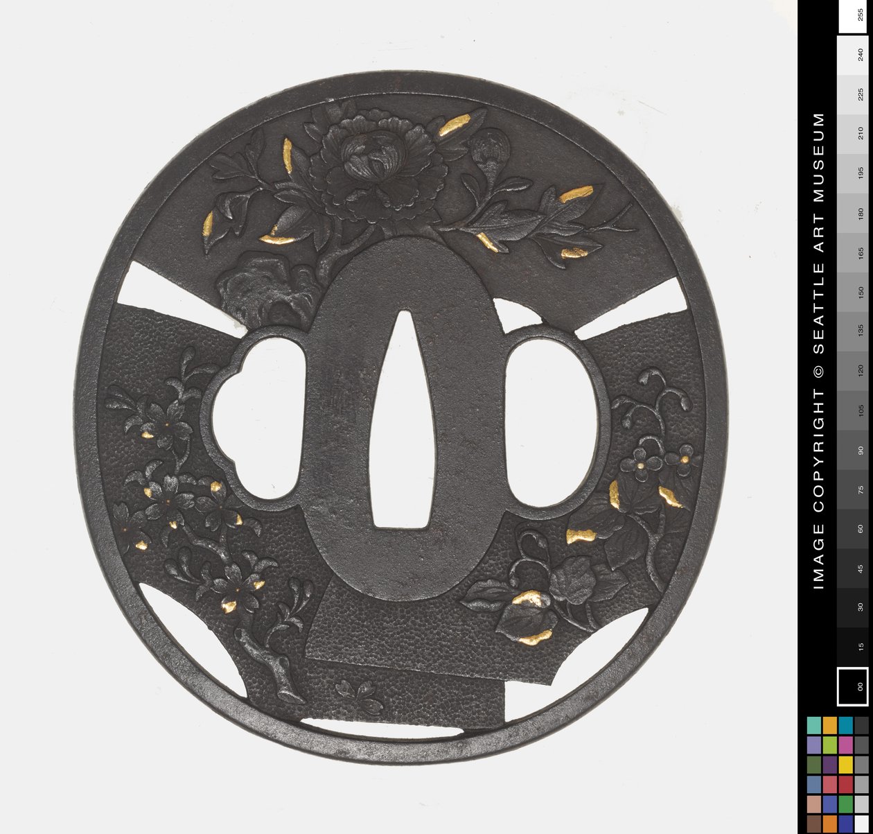 Tsuba: Chrysant, Kers, Iris door Japanese School