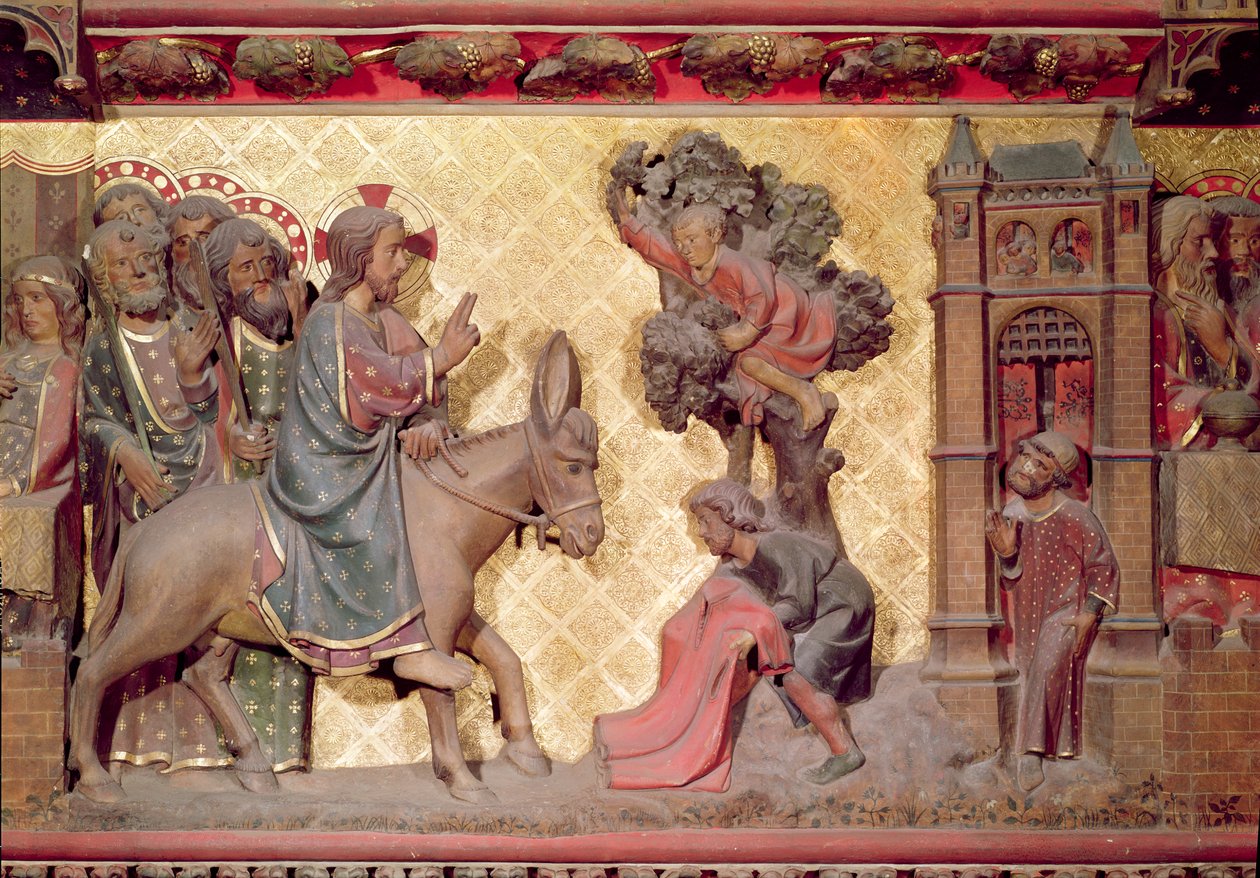 De intocht van Christus in Jeruzalem, 1340-51 beschilderde steen (detail) door Jean and Jean Le Boutellier Ravy