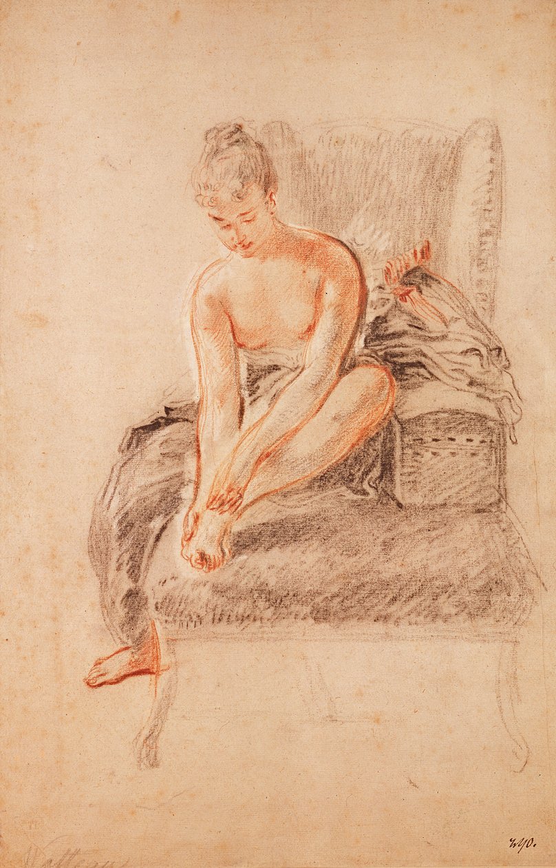 Halfnaakte vrouw zittend op een chaise longue, haar voet vasthoudend door Jean Antoine Watteau