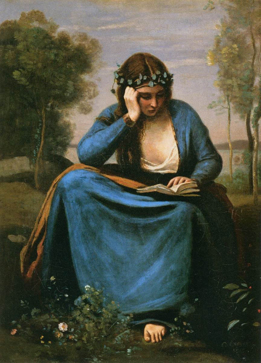 De lezer met bloemenkrans door Jean Baptiste Camille Corot