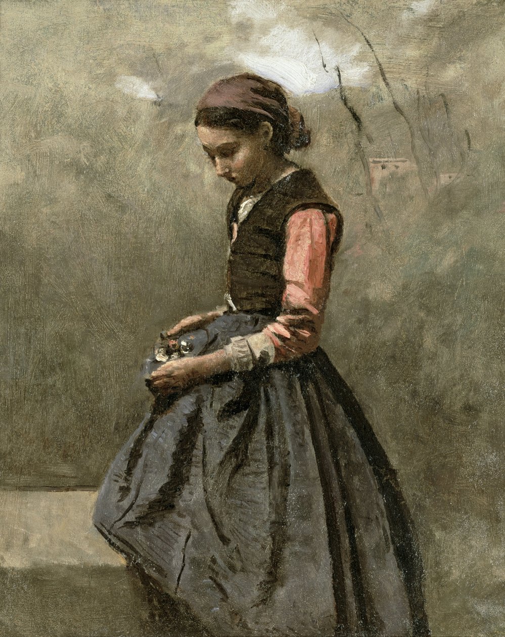 Een peinzend meisje door Jean Baptiste Camille Corot