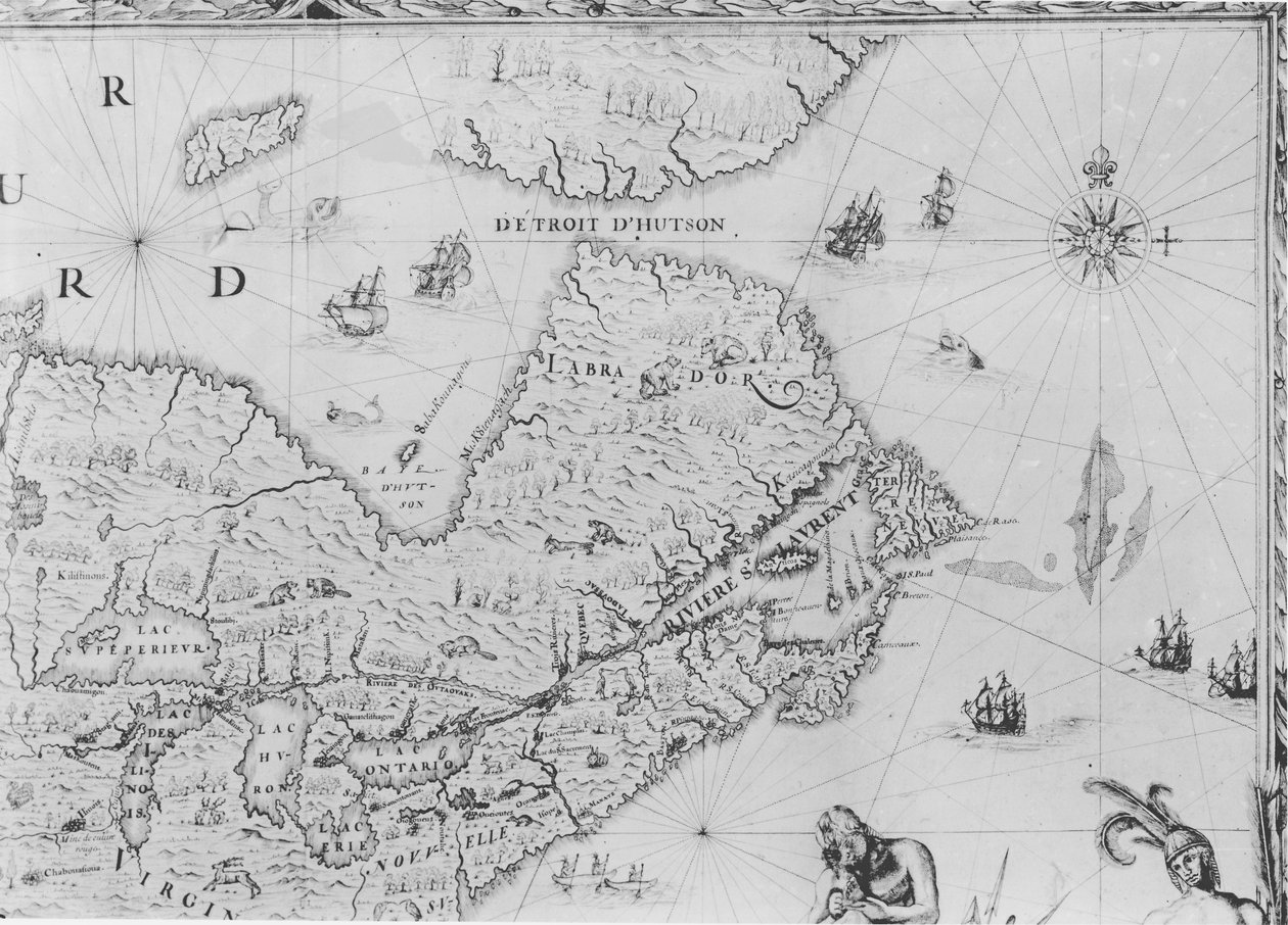 Kaart van Nieuw-Frankrijk opgedragen aan Colbert door Duchesneau, Intendant, 1681 (detail) door Jean Baptiste Louis Franquelin