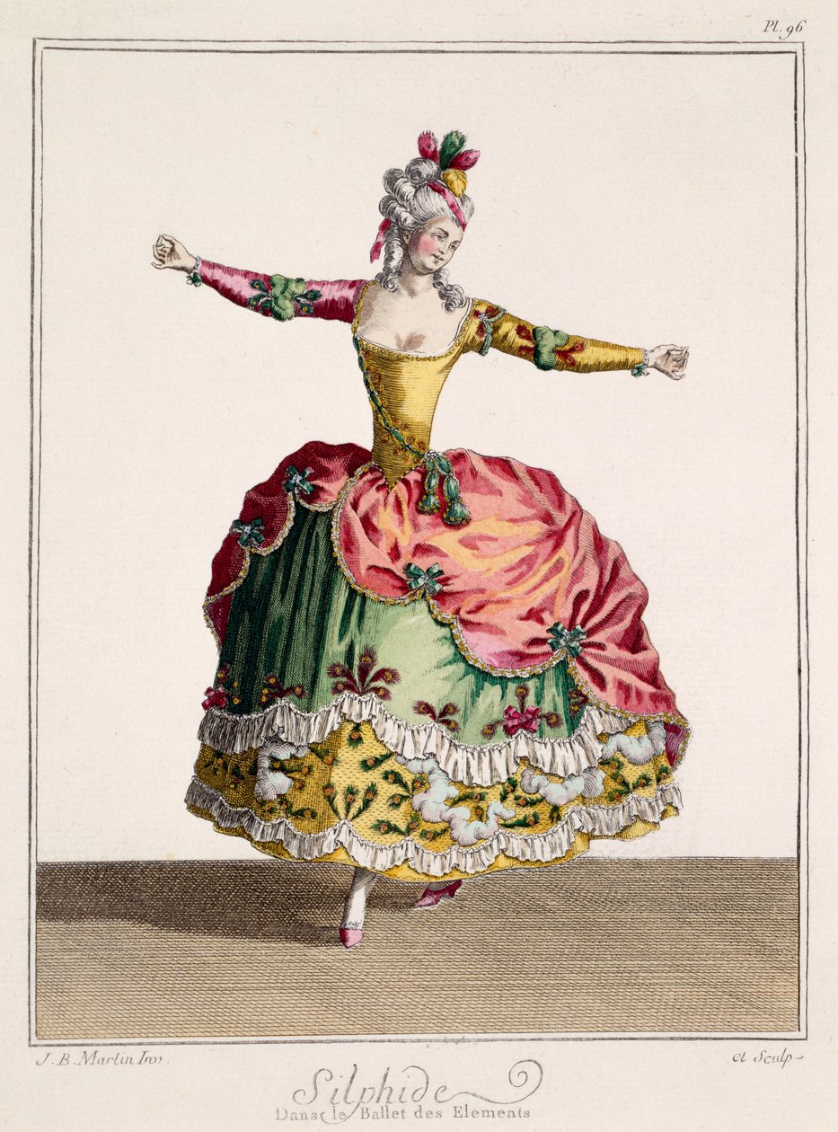 Kostuumontwerp voor Silphide in het Ballet van de Elementen, eind 18e eeuw (handgekleurde gravure) door Jean Baptiste Martin