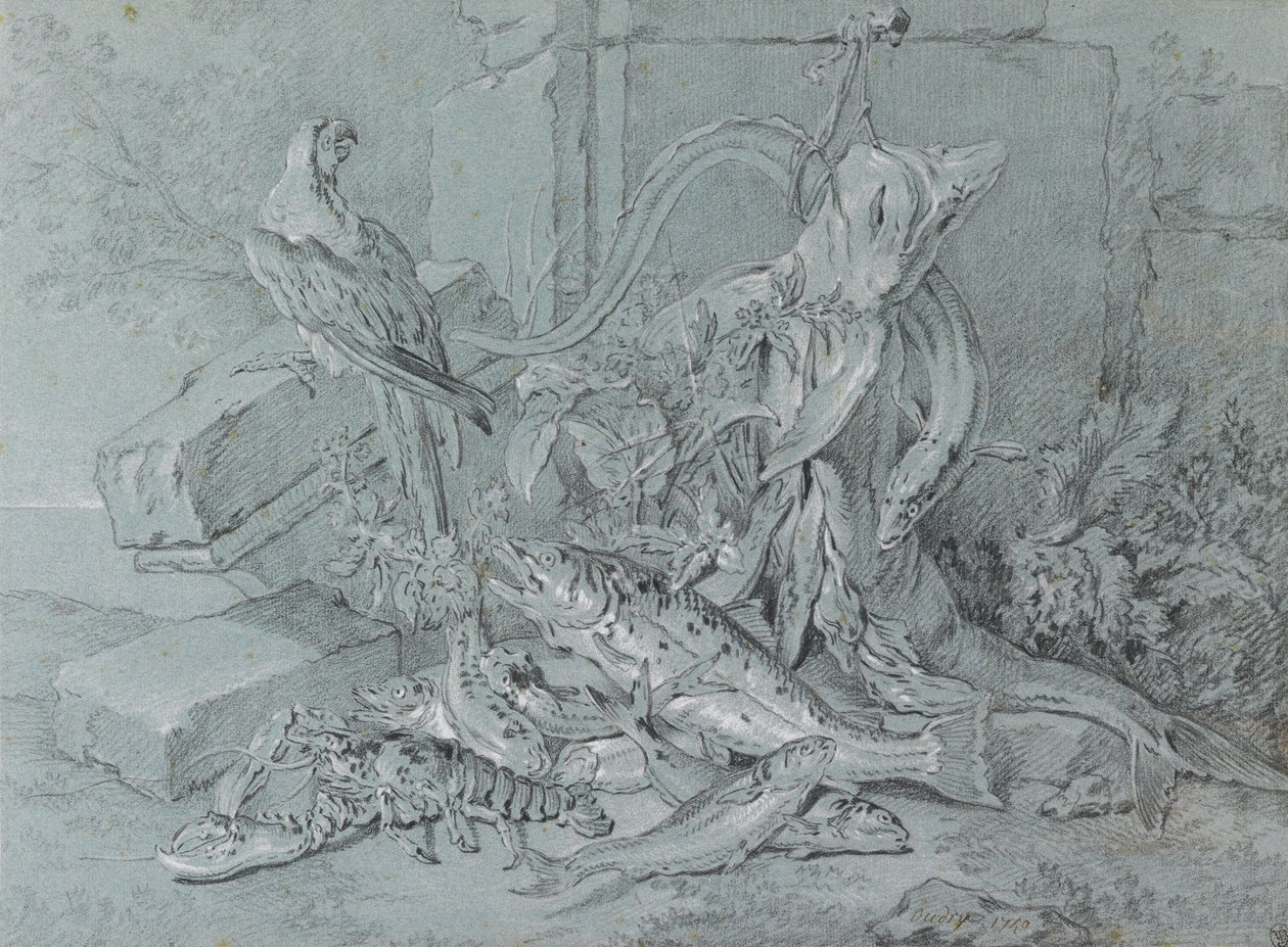 Stilleven met Vis en Papegaai door Jean Baptiste Oudry