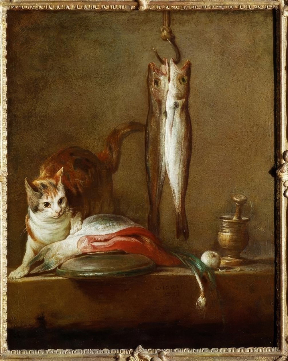 Kat met zalmschijf, twee makrelen, vijzel en stamper door Jean Baptiste Simeon Chardin
