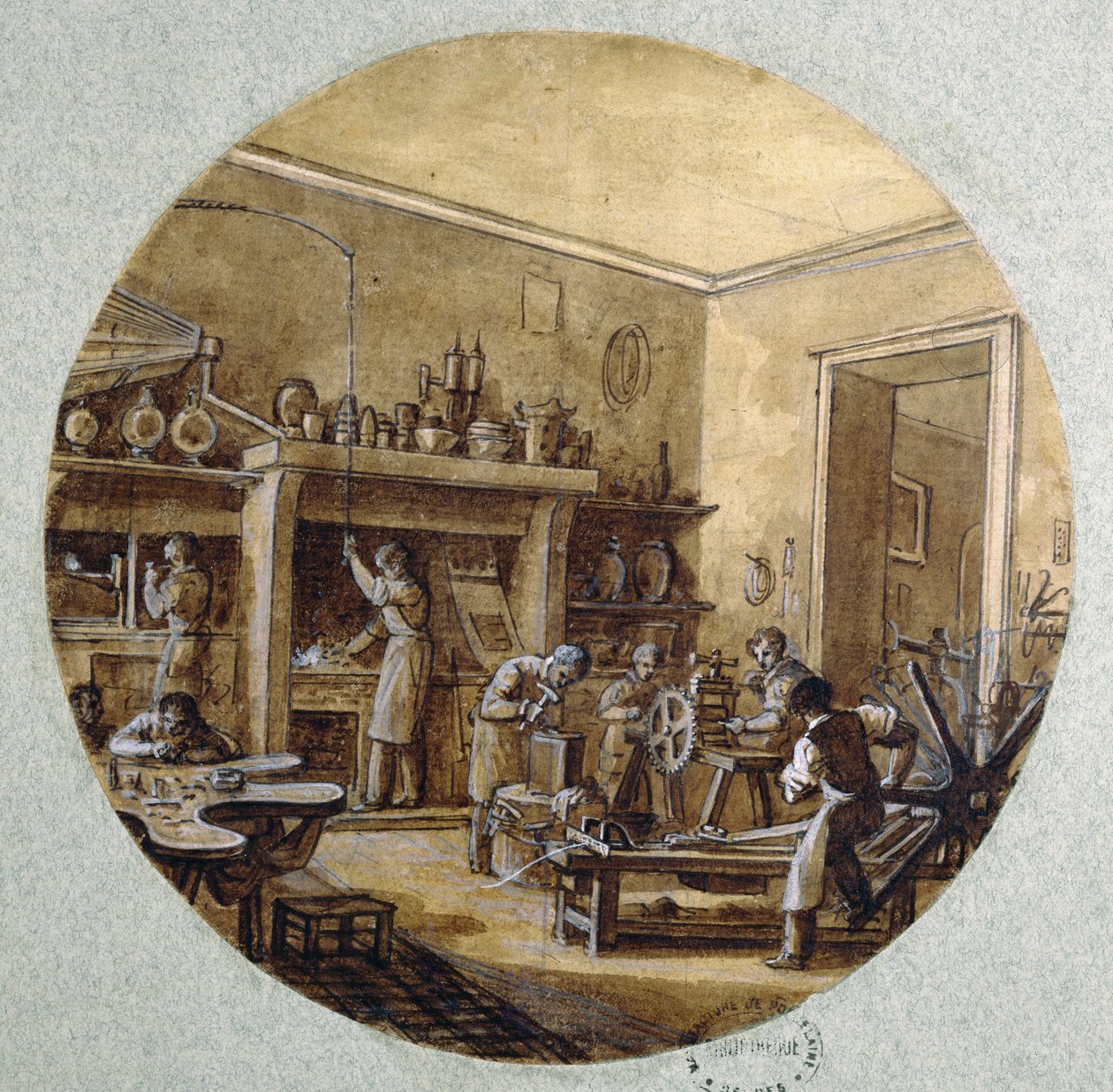 De werkplaats van de juwelier, plaatontwerp voor een dienst die verschillende beroepen uitbeeldt, ca. 1820-35 door Jean Charles Develly