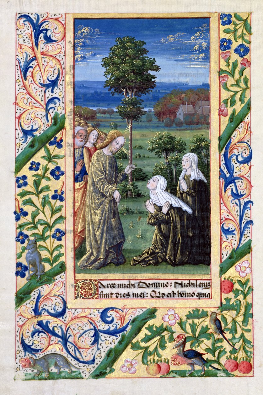 Ms Lat. Q.v.I.126 f.69v Martha en Maria vertellen Jezus over de dood van Lazarus, uit het 