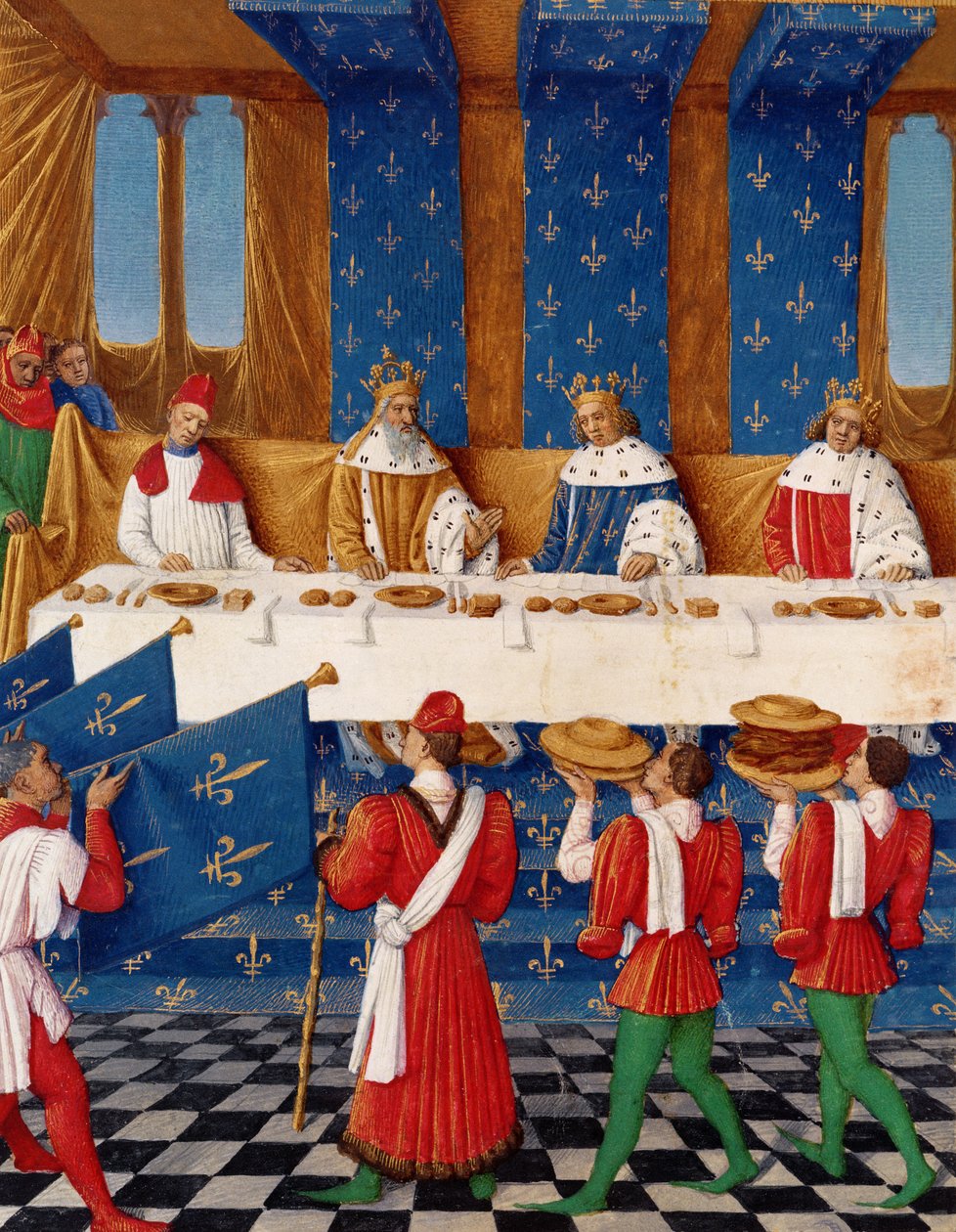 Ms 6465 fol.444v Banket gegeven door Karel V (1338-80) ter ere van zijn oom keizer Karel IV (1316-78) in 1378, uit de Grandes Chroniques de France door Jean Fouquet