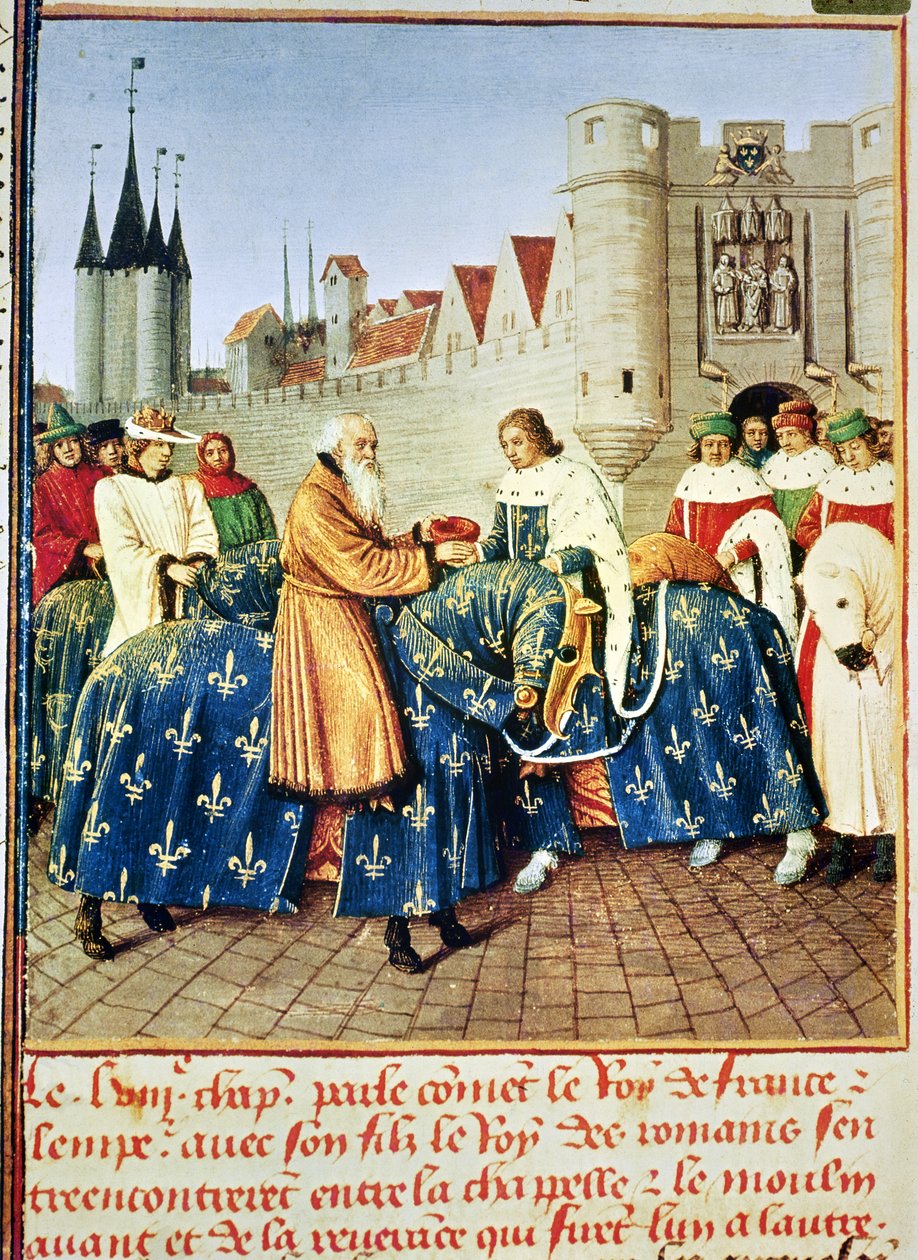 Ms Fr 6465 fol.444 Karel V (1338-80) ontvangt Keizer Karel IV (1316-78) bij de Porte du Temple in Parijs, januari 1378, uit 
