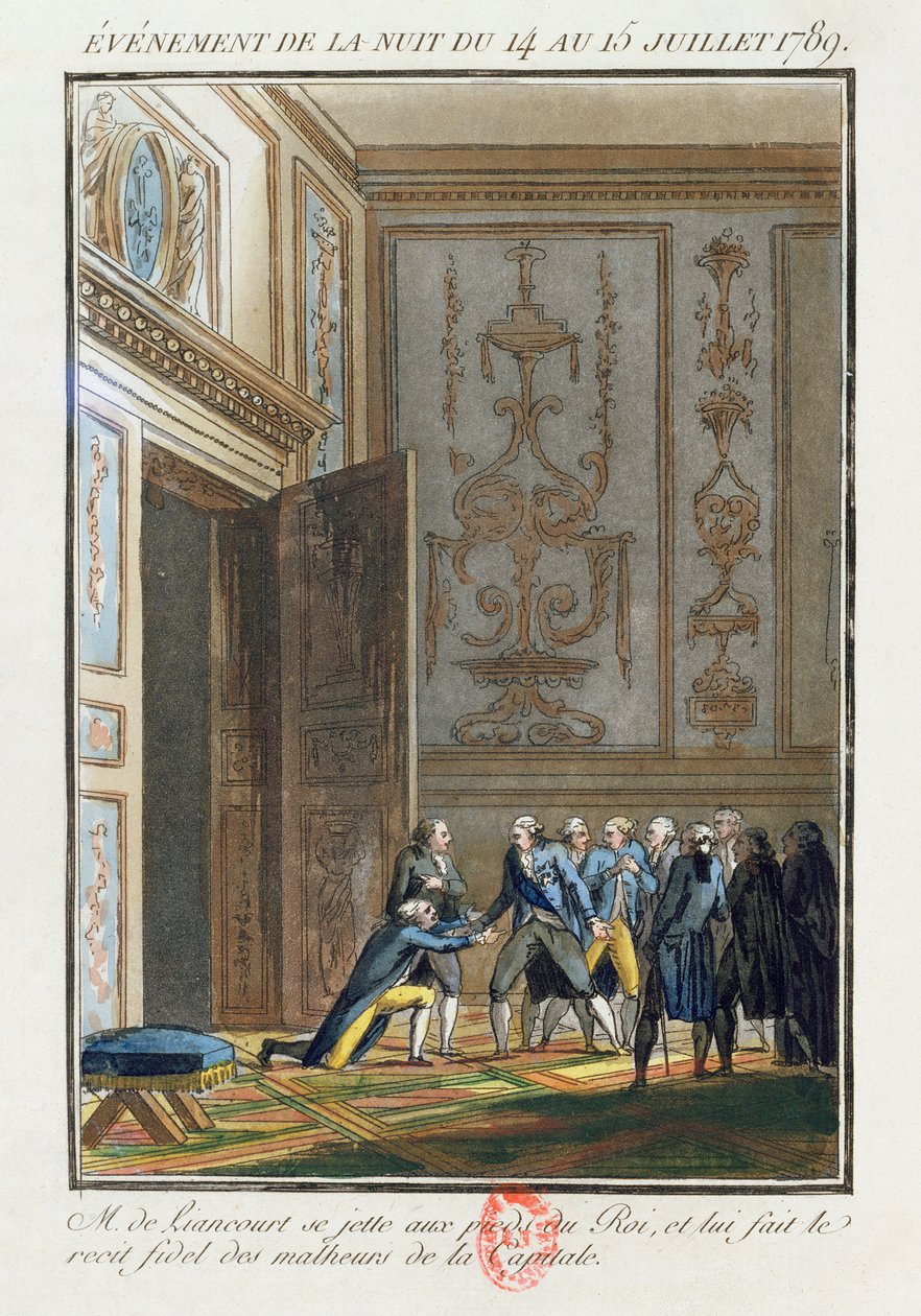 Monsieur de Liancourt (1747-1827) vertelt Louis XVI (1754-93) in Versailles over de gebeurtenissen in Parijs op 14 juli 1789 door Jean Francois Janinet