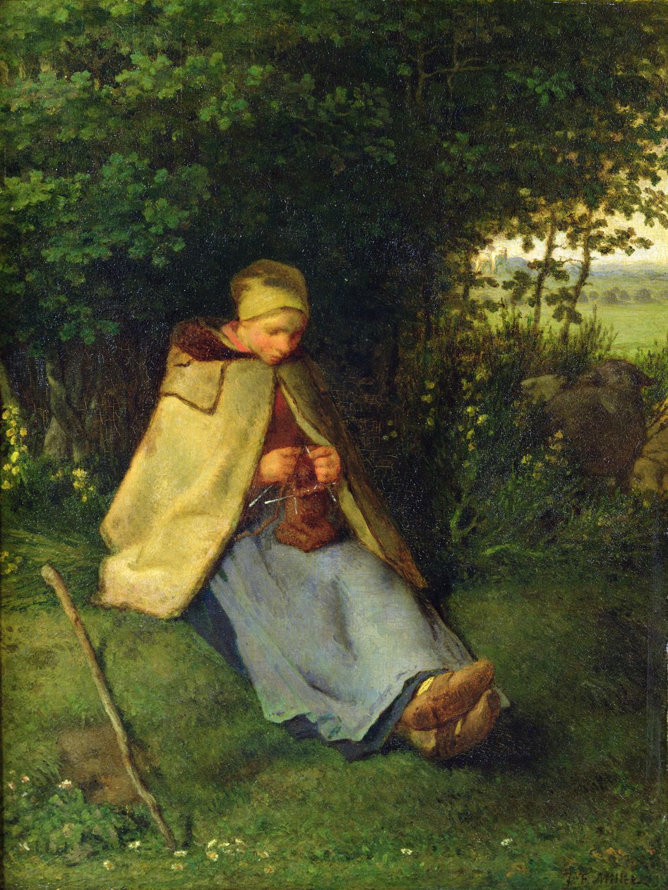 Een breister of een zittende herderin die breit, 1858-60 door Jean Francois Millet