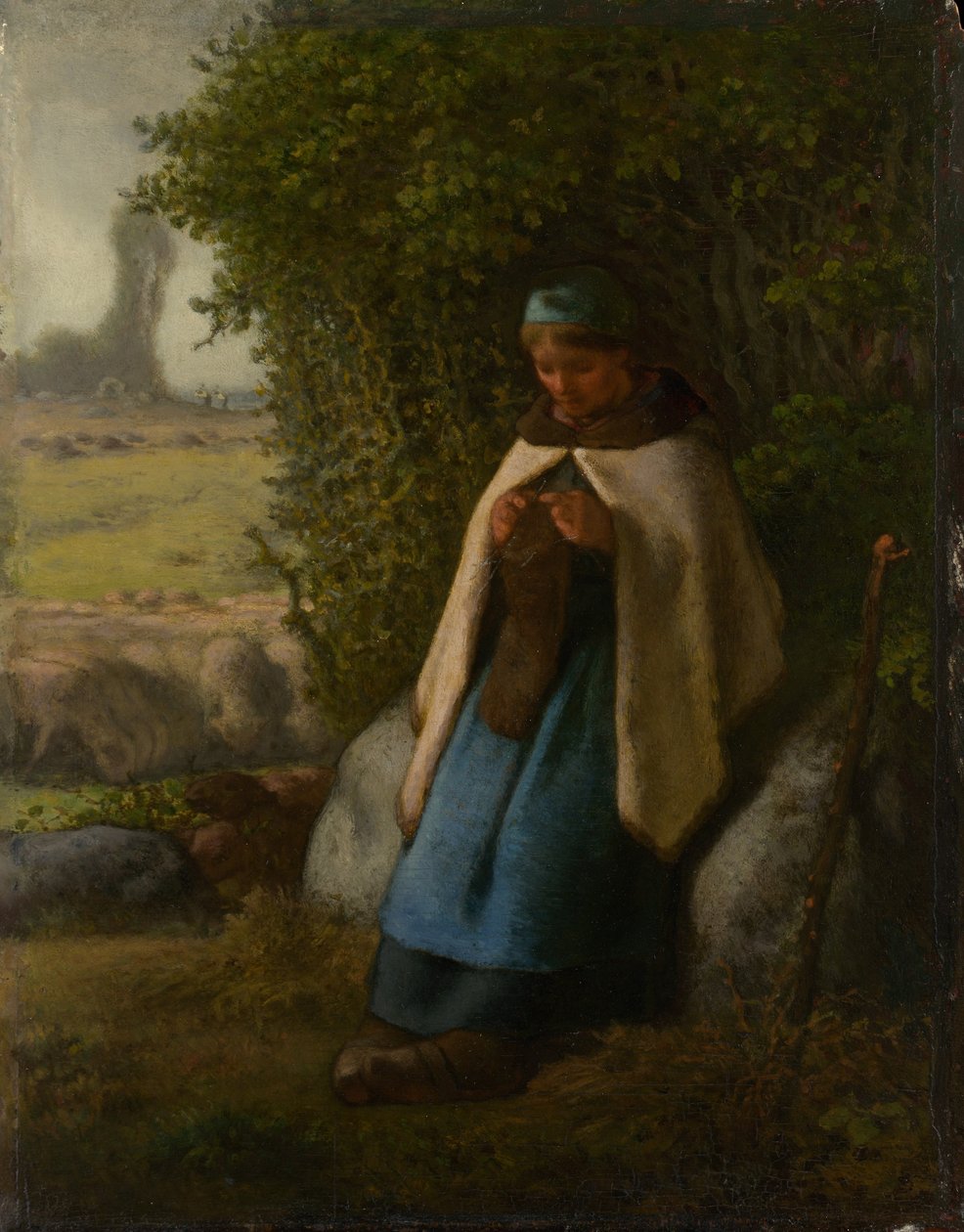 Herderin zittend op een rots door Jean Francois Millet