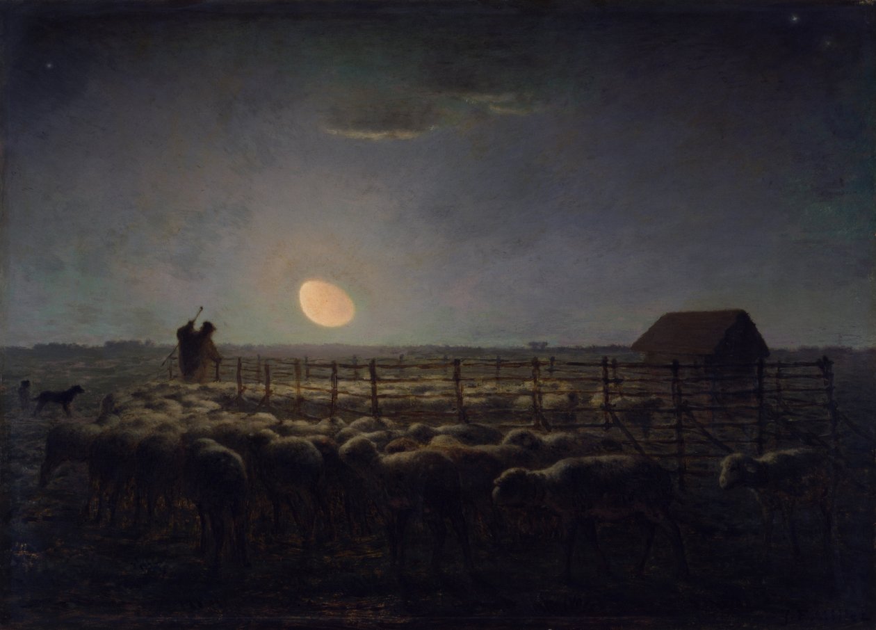 De schaapskooi, maanlicht door Jean Francois Millet