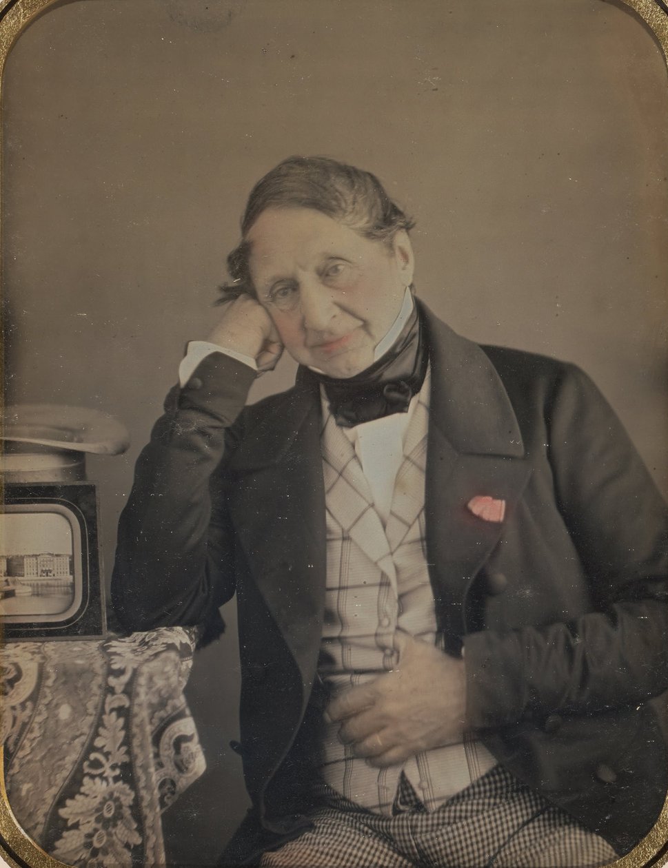 Zelfportret met een daguerreotypie van Genève door Jean Gabriel Eynard