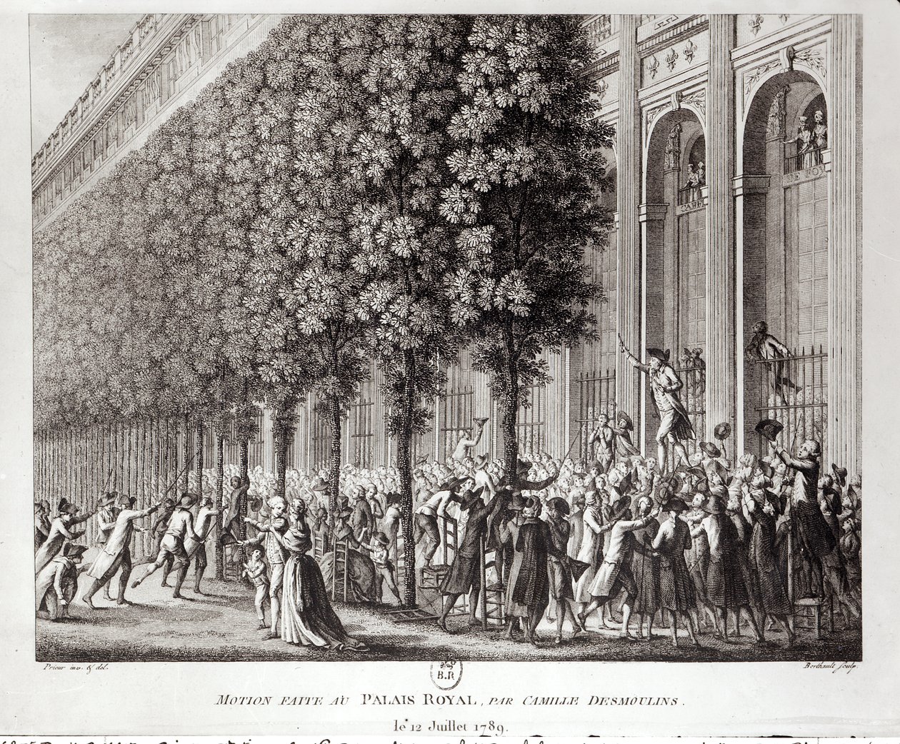Camille Desmoulins (1760-94) Spreekt op het Palais Royal, 12 juli 1789, gegraveerd door Pierre Gabriel Berthault (1737-1831) door Jean Louis the Younger Prieur