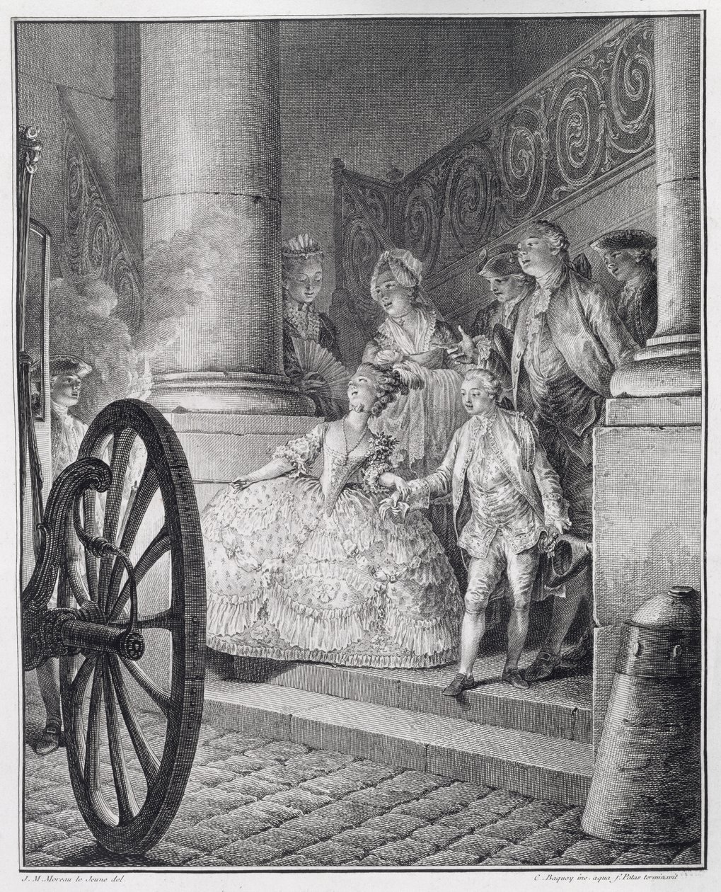 Reis naar de Opera, gegraveerd door P.C. Baquoy (1759-1829) en C.E. Patas (1744-1802) door Jean Michel the Younger Moreau