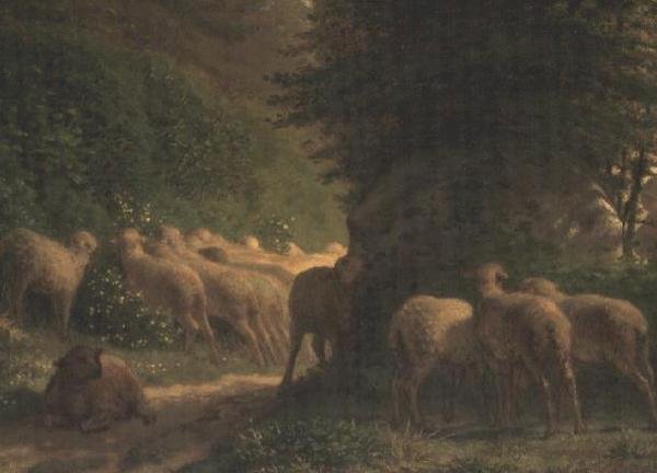 Schapen die langs een heg grazen door Jean Francois Millet