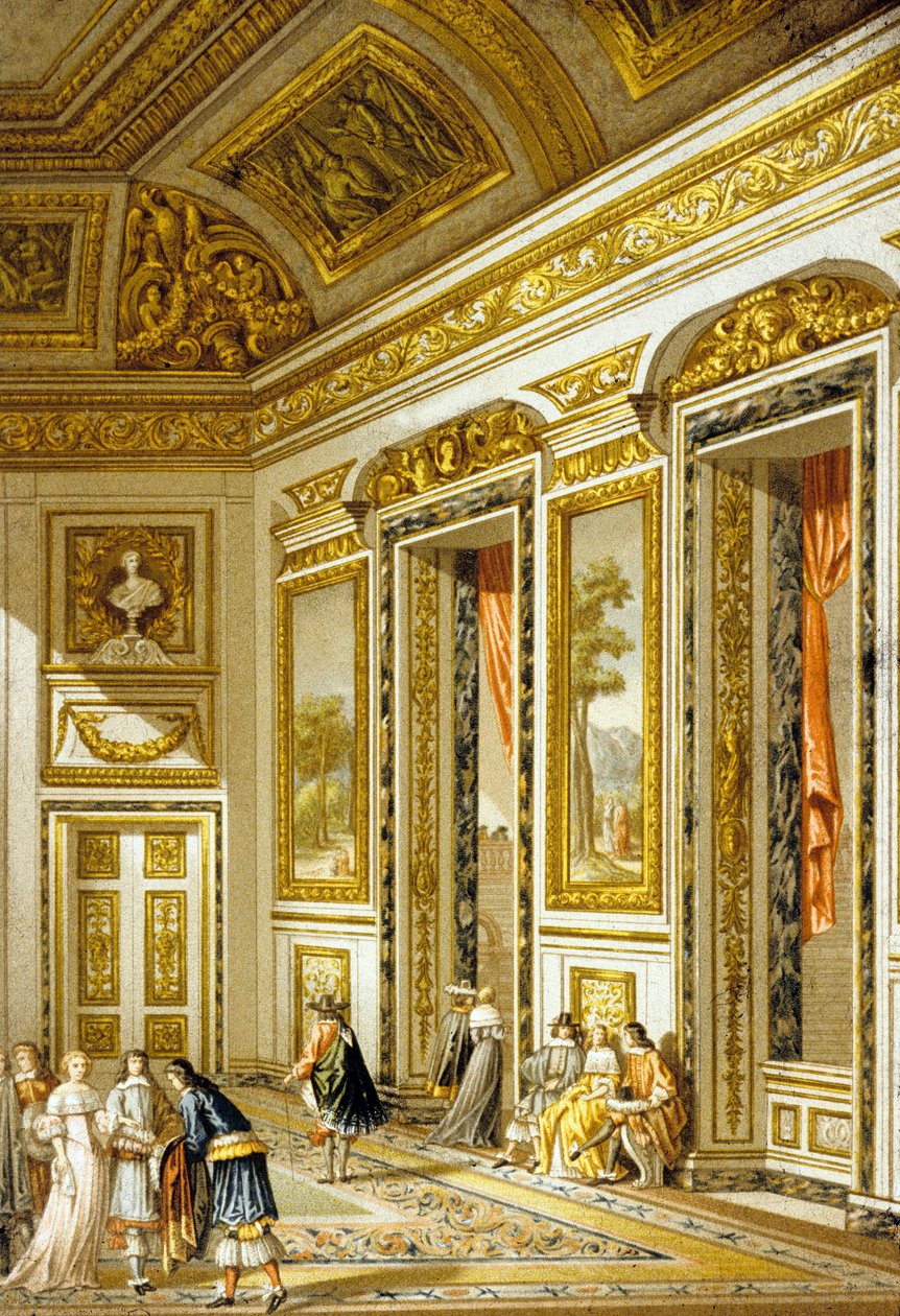 17e-eeuws interieur (gekleurde gravure) door Jean (after) Lepautre