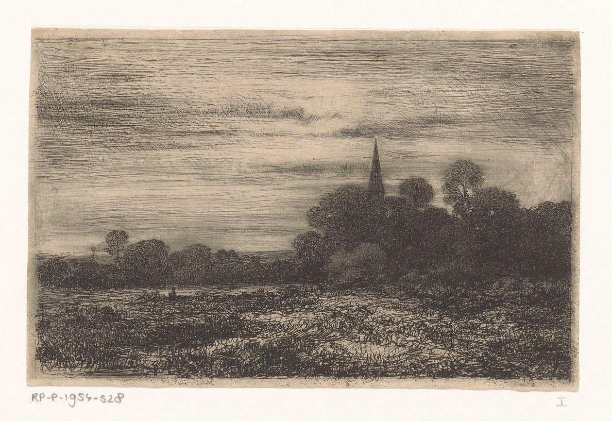 Landschap met kerktoren door Jean Alexis Achard