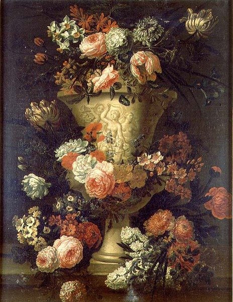 Tulpen, pioenen en andere bloemen door Jean Baptiste Bosschaert