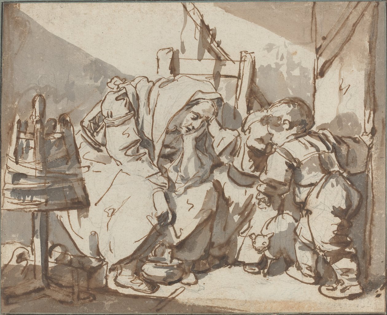 Een Vermoeide Vrouw met Twee Kinderen door Jean Baptiste Greuze