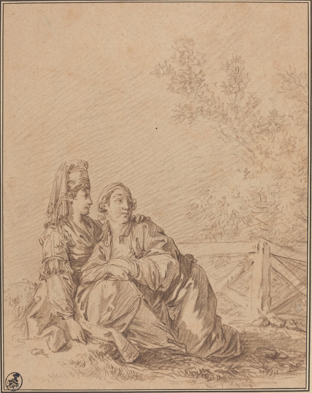 Twee Russen zittend in landschap door Jean Baptiste Le Prince