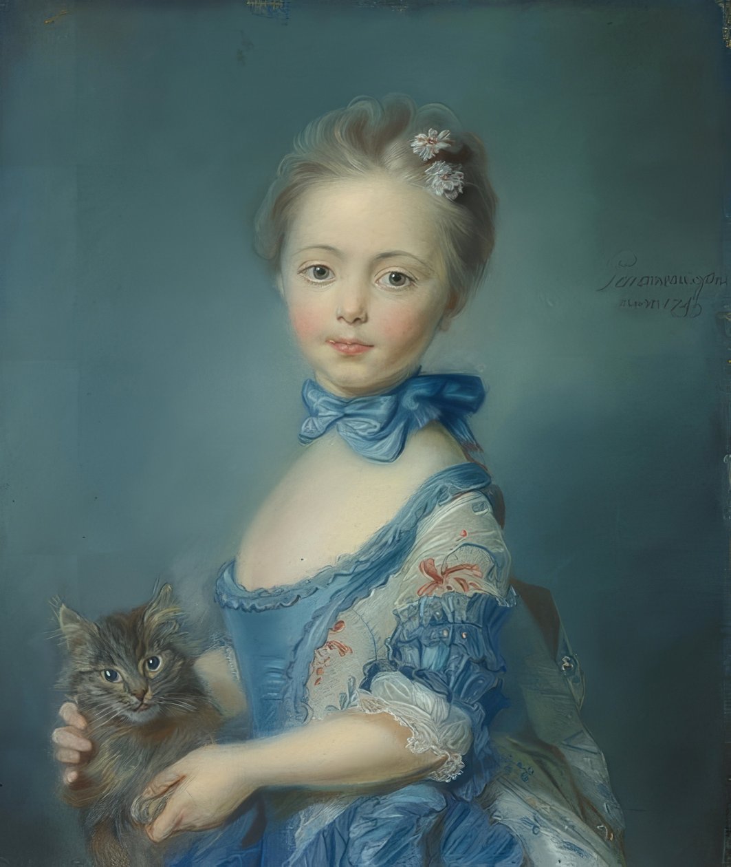 Het meisje met een kat door Jean Baptiste Perronneau