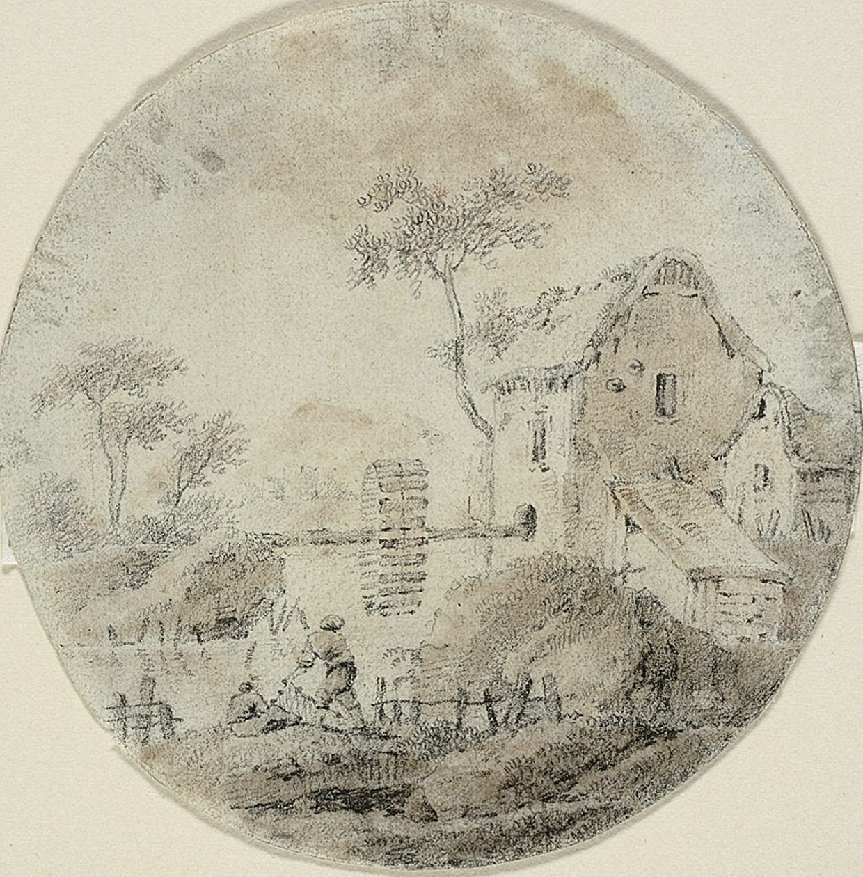 Watermolen met Figuren naast de Rivier door Jean Baptiste Pillement