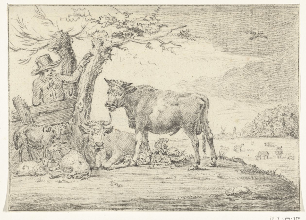Boer staande bij een hek met vee door Jean Bernard