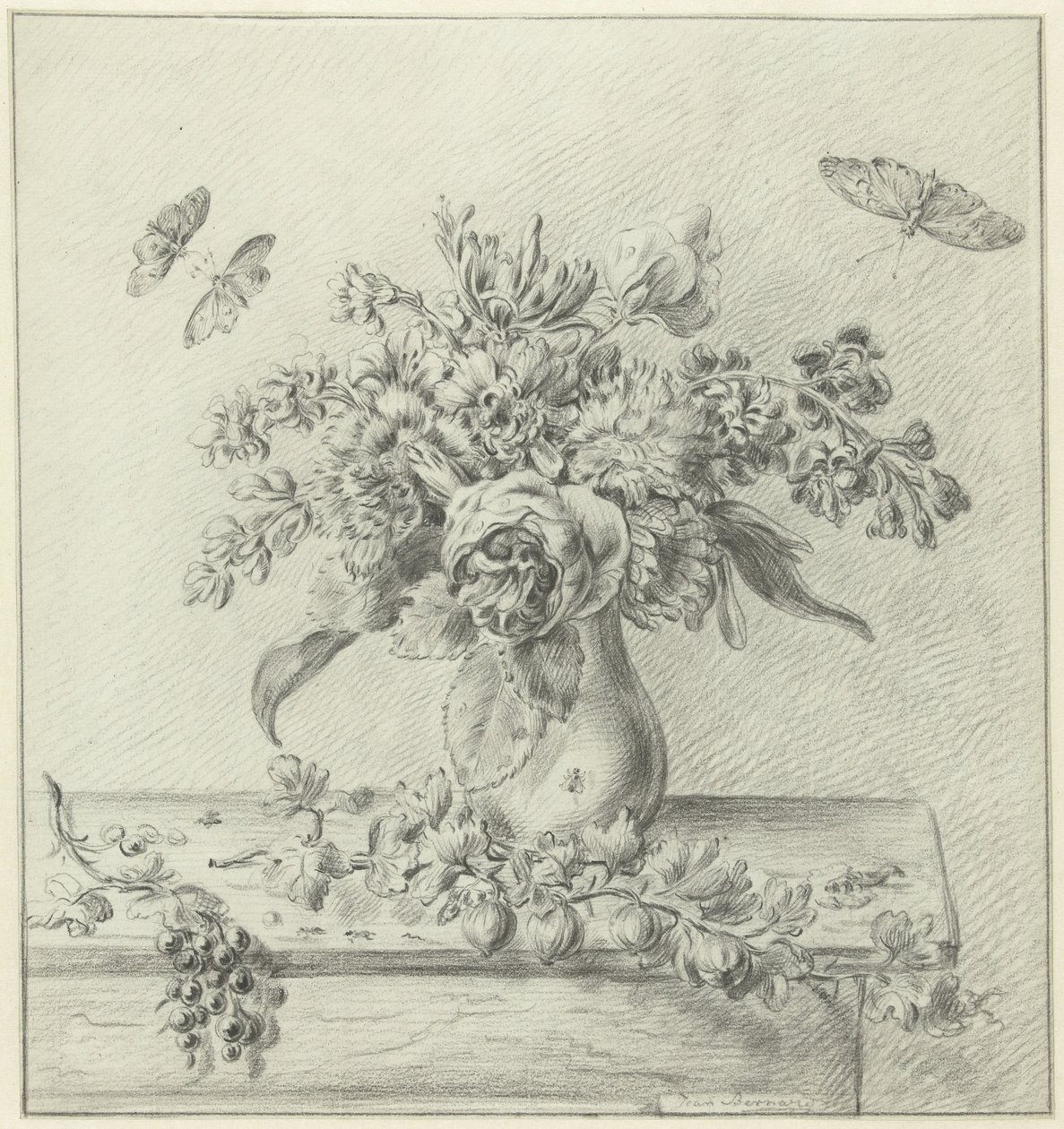 Stilleven met bloemstuk, vruchten en insecten door Jean Bernard