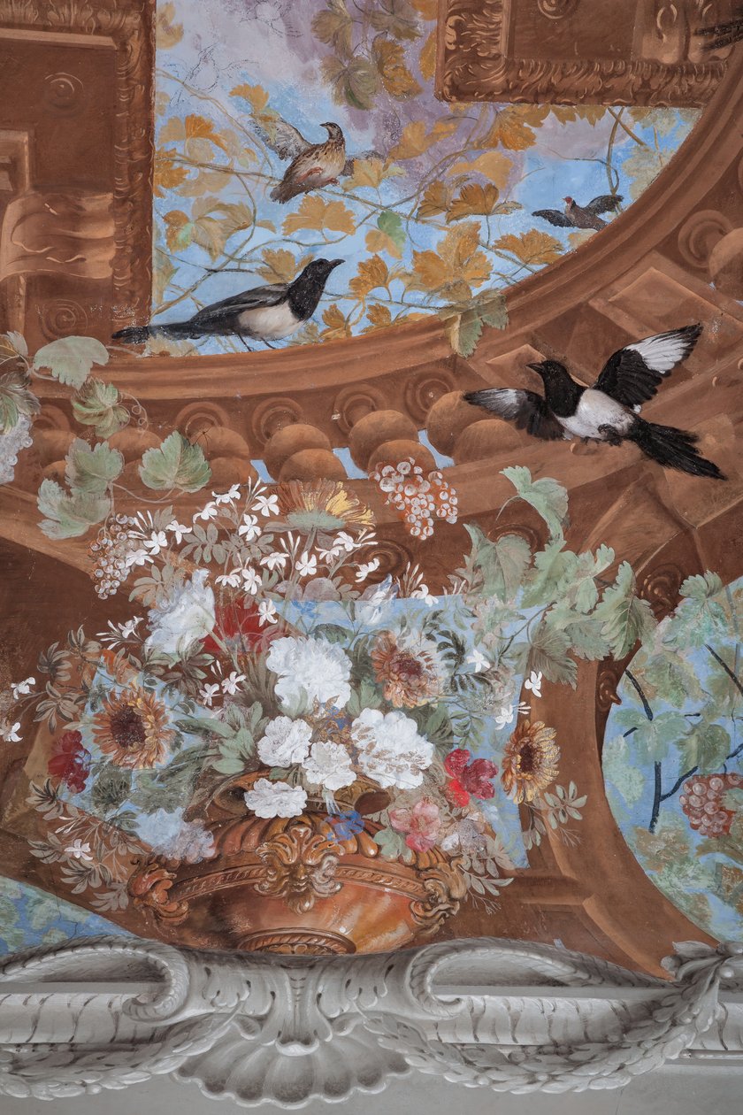 Wijnranken, druiven, bloemen en vogels (detail) door Jean Boulanger