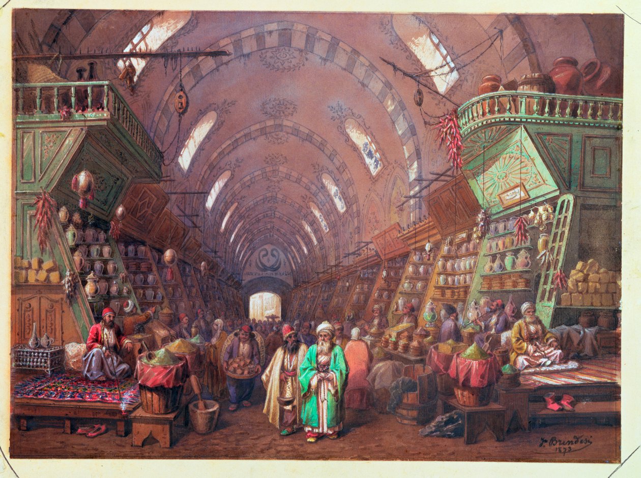 Een bazaar in Constantinopel, 1873 door Jean Brindesi