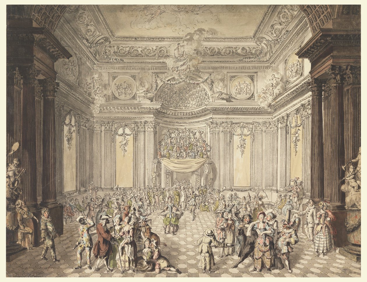 Tekening, Gezicht op Maskeradebal, 1770-80 door Jean Charles Delafosse