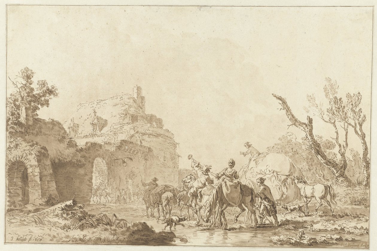 Reizigers bij een poort door Jean Francois Janinet