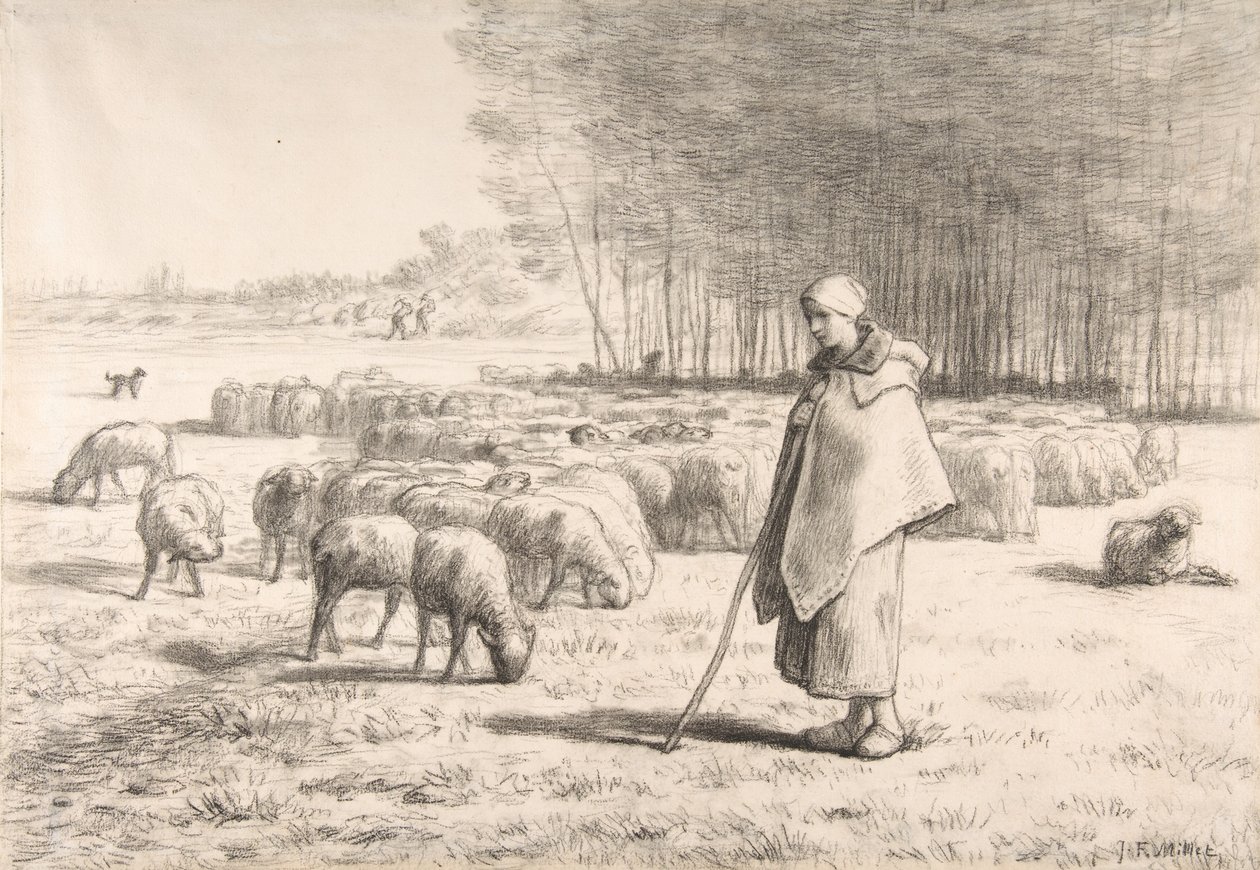 Een herderin met haar kudde door Jean Francois Millet