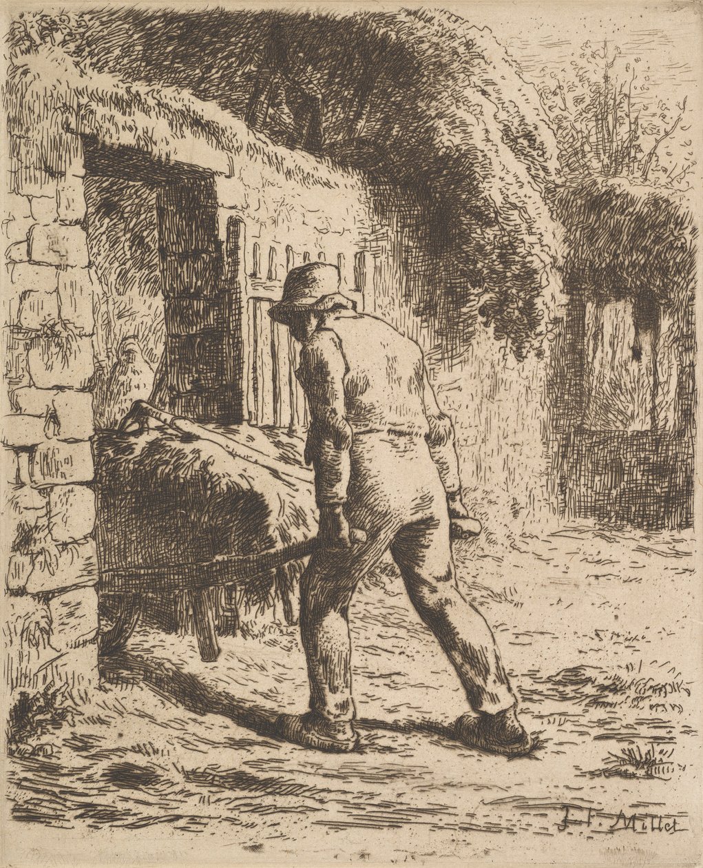 Boer die een kruiwagen duwt, 1855 door Jean Francois Millet